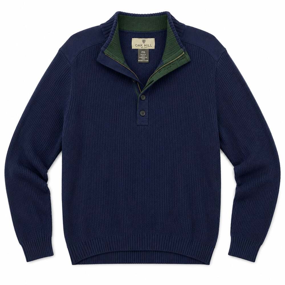 Oak Hill Men's Navy Blue Textured Quarter-Button Pullover Sweater Size 2XL